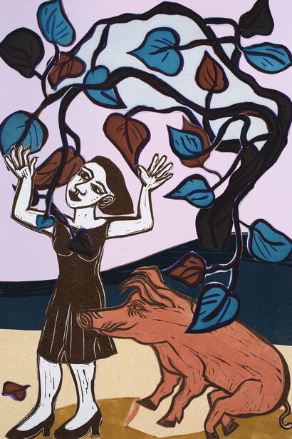 Eileen Cooper, Dance Little Pig, Collage with linocut, etching and monoprint, 2020, 38 x 26 cm | © Eileen Cooper 2021