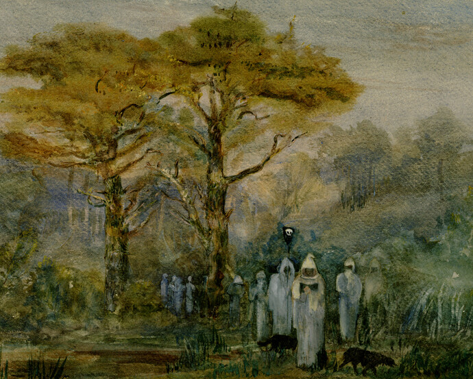 A hooded Procession, not dated. Barbara Leigh Smith Bodichon (1827-1891). Watercolor on paper, 10 1/16 x 14 9/16 inches. Mark Samuels Lasner Collection, University of Delaware Library.