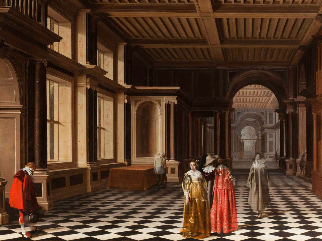 Pieter W. Van Der Stock & Willem C. Duyster, Amsterdam 1592/3 - bet. 1650-70 & Amsterdam 1599 - 1635, Dutch School, Elegant Figures in a Classical Colonnaded Gallery, Oil on Canvas, 39 3/4 x 59 7/8 inches (101 x 152 cms), Signed with Monogram and Dated: "PW 1632"
