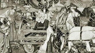 Tapiz que forma parte de una serie de seis basados en el poema alegórico del siglo XIV "Los triunfos" de Petrarca. La fama, uno de los seis triunfos. Francesco Petrarca (1304–1374) escribió sus “Triunfos” alrededor de 1352, en años complejos marcados por las pestes que asolaban Europa