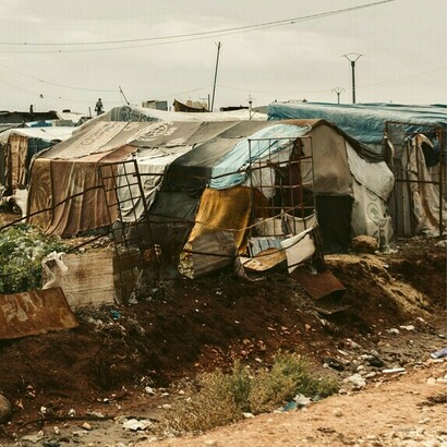 Makeshift shelters at a refugee camp
