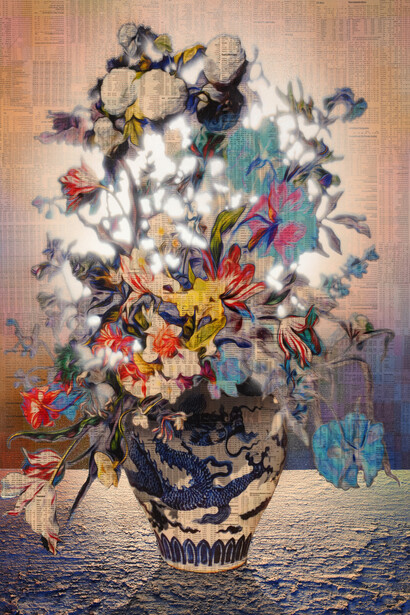 Gordon Cheung, In a Grain of Sand, From Auguries of Innocence, 2013, A series of six archival inkjets on UV varnished newspaper collage, each with hand-painting in acrylic, sand and acrylic spray mounted onto 300gsm , Snowdon Cartridge paper, Paper and image 82.0 x 57.4 cm, Edition of 20, Courtesy Gordon Cheung and Alan Cristea Gallery, London