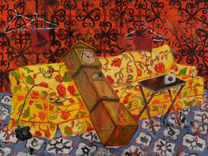 Angel Otero, La Siesta (detail), 2022. Oil paint and fabric collage on canvas, 31 1/2 x 47 1/2 inches (80 x 120.7 cm), 32 7/8 x 49 inches (83.5 x 124.5 cm) framed © Angel Otero; Photo by Argenis Apolinario; Courtesy the artist and Vito Schnabel Gallery