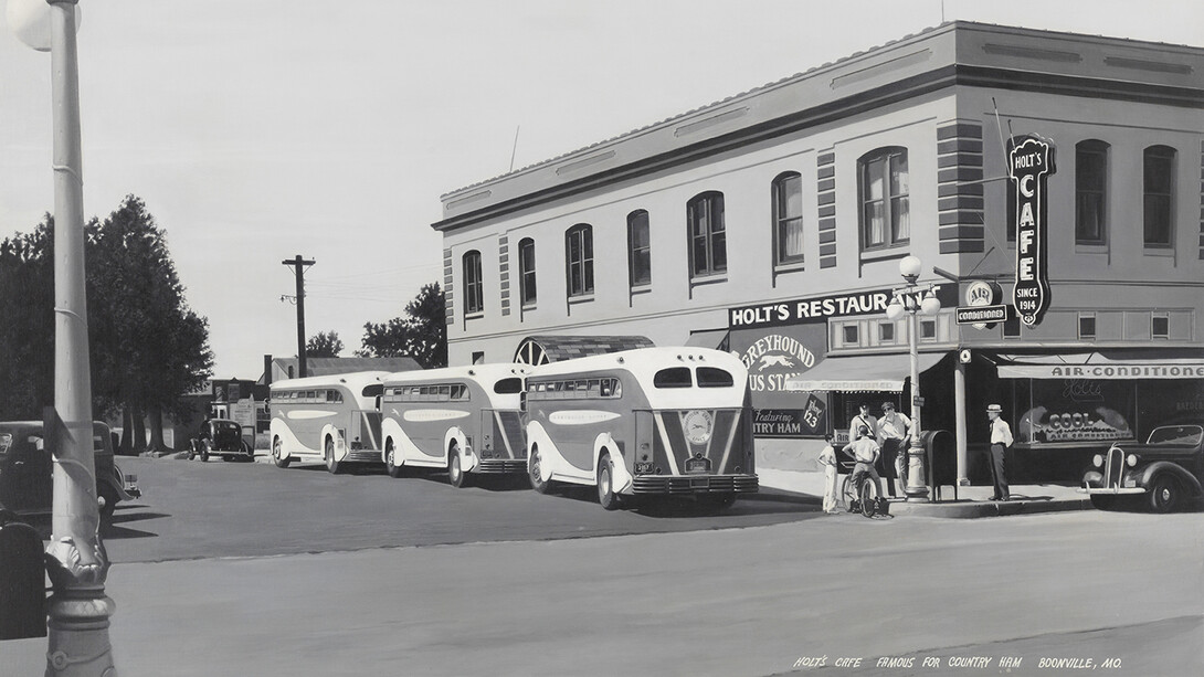 John Baeder, Holt’s café and bus stop, Boonville, Missouri, 1972. Courtesy of Galerie Vallois