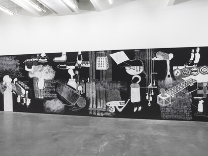 Kemang Wa Lahulere, Remembering the Future of a hole as a Verb 2, 2012, White chalk on black paint,
Installation view 
