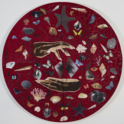 William Villalongo, Black Menagerie (Sasha Mae), 2023, acrylic, velvet flocking and paper collage on wood panel, 47 3/4 dia.x2 3/4 inches, copyright the artist. Courtesy of ©Villalongo Studio LLC and Susan Inglett Gallery, NYC