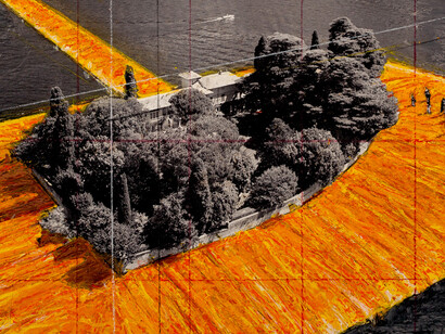 Floating Piers (Project 2015 for Lake Iseo, Italy) 
Pencil, wax crayon, enamel paint, photograph by Wolfgang Volz, map. Technical data and fabric sample 
55.9 x 43.2 cm, 22.01 x 17.01 inches 
Courtesy of Galerie Gmurzynska 
© CHRISTO. Detail
