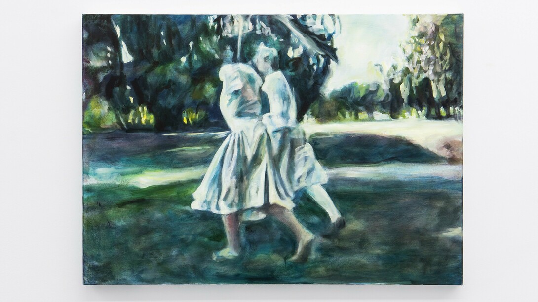 Iva Lulashi, Non assomigli a nessun'altra, 2023.Oil on canvas, 5àh x 70w cm. Courtesy of the artist, Alberta Pane Gallery and Prometeo Gallery