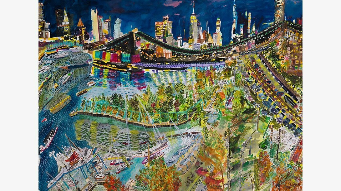 Olive Ayhens,
Expanse: Brooklyn Bridge Park,
2023,
Watercolor and ink on paper,
22.25 x 30.25 inches. Courtesy of the artist and Bookstein Projects
