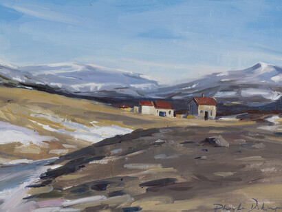 Icelandic farm in from of the Husafell glacier, 2018, Oil on gesso panel, 35.5 x 24 cms, photo- Alex fox. Courtesy of the artist 