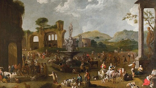 Peeter van Bredael (1629–1719). «Un mercado en Italia», siglos XVII-XVIII. Óleo sobre lienzo. Doyle.com. Nueva York, EE. UU.