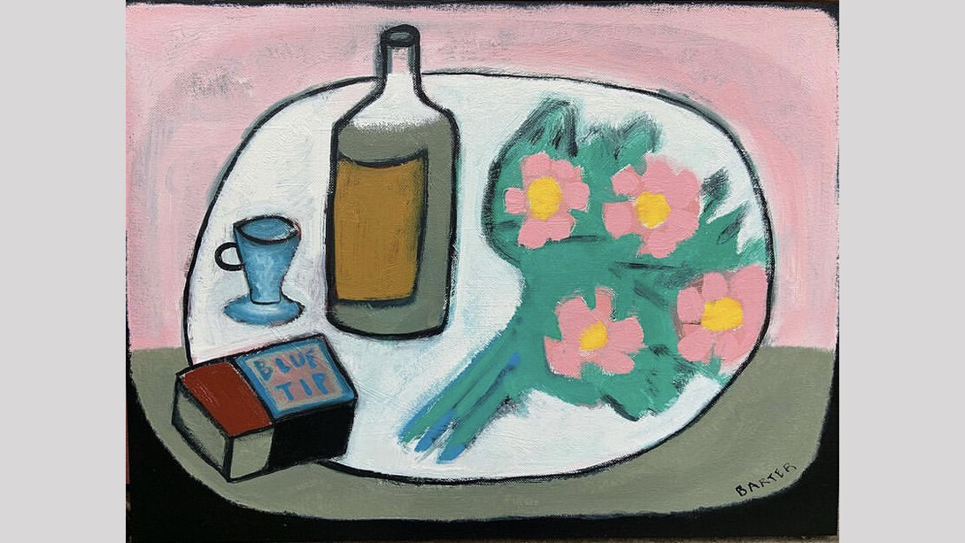 Matt Barter, A Few of Milton’s Things, 2023. Oil on board, 24 x 32 inches. Courtesy of Kenise Barnes Fine Art