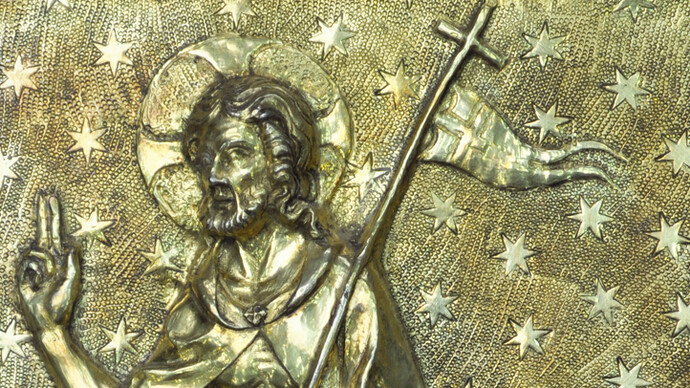 Vergoldetes Silberrelief mit der Auferstehung Christi, Frankreich, 14. Jh., Detail Reliquiendiptychon, Museum Schnütgen, Inv. G 693, Foto: Museum Schnütgen, Köln