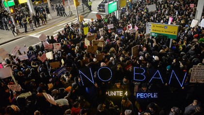 Reaction at JFLK airport to an American Judge's decision to overturn President Trump's motion to ban Muslims from immigrating to the United States 