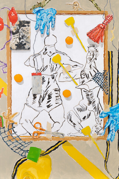 Léonard Martin, Quodlibet II (detail), 2023. Oil and acrylic on canvas, 146 × 114 cm, 57 1/2 × 45 in. © Courtesy Templon, Paris