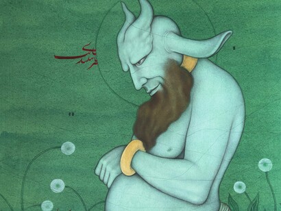 Khadim Ali, Birth of Demons 6 (detail), 2024, Gouache and gold leaf on handmade paper, 28 x 22 in (71 x 55 cm). Image courtesy of the Artist and Aicon, New York