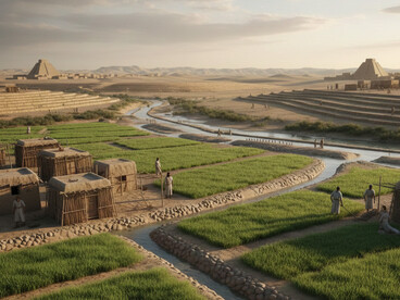 A primary stone-lined canal diverts water into smaller channels, irrigating carefully organized plots of wheat and barley