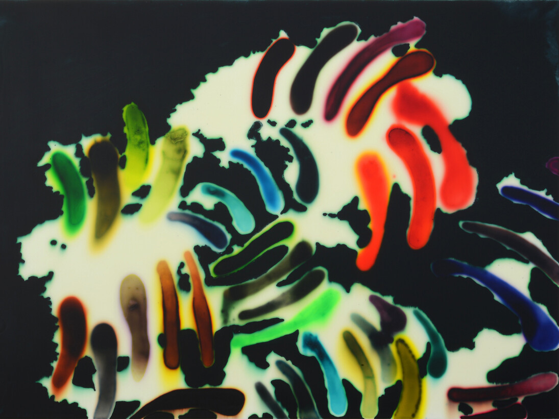 Jaq Chartier, Floaters, 2015, Acrylic resin, stains, spray paint on wood panel, 32 x 44 inches