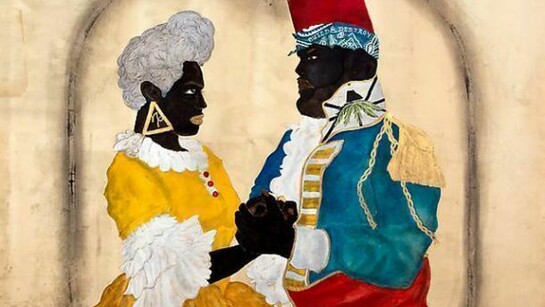 Frohawk Two Feathers, Horace and Isabel (2014), Acrylic, Ink, Coffee, Tea On Paper, 45h x 54w in (114.3h x 137.2w cm)