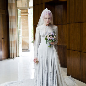 Pale grey slashed chiffon wedding dress  designed by Gareth Pugh and veil by Stephen Jones, 2011. Courtesy of Katie Shillingford. Photo © Amy Gwatkin