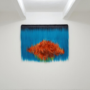 Untitled (Fire & Water), 2023, synthetic hair on canvas and wooden bar, 125x152x8 cm, 49¼x59¾x3¼ inches, unique. Courtesy the artist and The Flat                           
