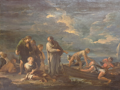 Salvator Rosa; Pitágoras y el pescador, 1662, Staatliche Museen, Alemania (detalle)
