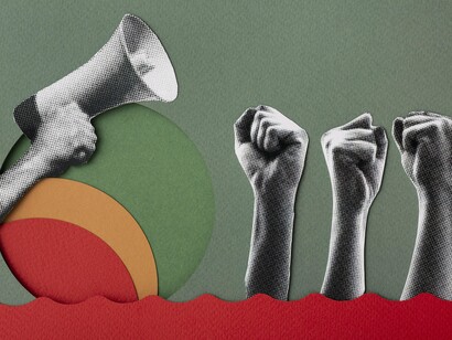 A megaphone and three clenched fists illustrating the rise of activism and protest, reflecting the article’s push for the GAMA movement to counter autocratic rule