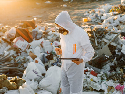 A person in personal protective equipment (PPE) working at a toxic e-waste dumpsite, highlighting the hazardous conditions associated with the disposal of electronic waste