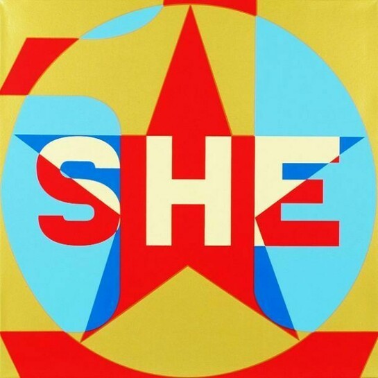She, © 2013 Robert Indiana, unique silkscreen on canvas, 24 x 24 inches; 61 x 61 cm. Courtesy Woodward Gallery, American Image.