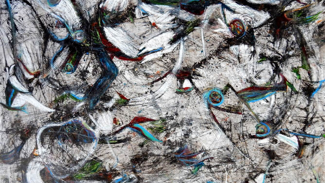 Virginia Knapp, Twirling Pheasants, Acrylic & Oil Pastel on Canvas, 30" x 40"