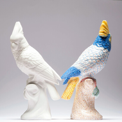 Alessandro Moreschini, Sizigia (omaggio all'editore), tempera acrilica su ceramica, h32 cm cadauna, 2014