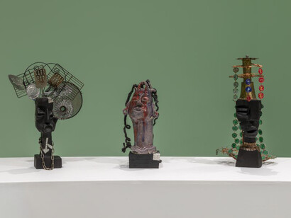 Leilah Babirye, Embaga ya Naki ne Naki (Wedding of Naki and Naki), exhibition view. Courtesy of ICA Boston