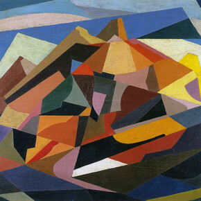 Enrico Prampolini, Simultaneità architettonica,1921 ca, oil on board, 50,8 x 82,4 cm, Collezione M. Carpi, Roma