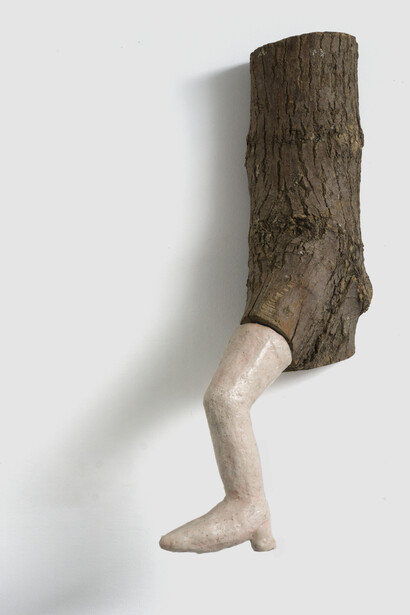 Pink Leg, 2018_wood, clay, oil paint, encaustic_24.5. x 11 x 5 in