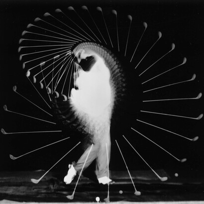 Harold Edgerton, Densmore Shute Bends the Shaft, 1938, Gelatin silver print, 36 x 36 inches, 91.4 x 91.4 cm. © Estate of Harold Edgerton at MIT; courtesy of Palm Press, Inc.
