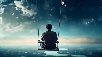 Cinematic scene of man sitting at swing