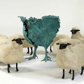 Claude Lalanne, Choupatte (Très Grand), 2007/2012, Bronze and copper, 122 x 123 x 123 cm. (48 1/8 x 48 3/8 x 48 3/8 in.), Edition of 8 + 4 AP; François-Xavier Lalanne, Moutons de Laine, 1965/1974, Wool, bronze and wood on wheels, Dimensions variable. Copyright the artist, Courtesy Ben Brown Fine Arts