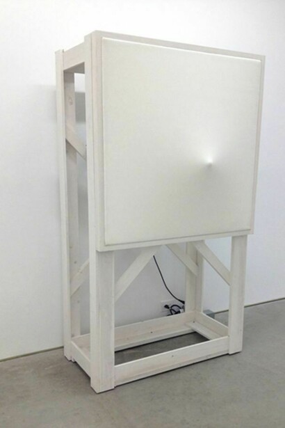 Norio Imai, White Event IV – Wall, 1966, 47 ½ x 23 x 71 2/3 inches, 120 x 58.3 x 182 cm - Wood, rubber, motorized mechanism