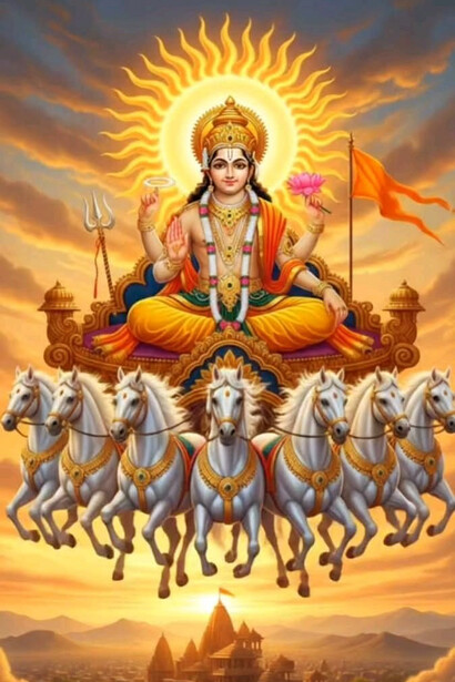 Surya Dev, the radiant solar deity, rides a golden chariot pulled by seven horses, holding lotuses and emanating divine energy and blessings