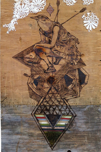 Monica Canilao, Birds Eye, 2013, lace, brass drawer handle, acrylic, sinew and burning on wood panel, 67 x 35.5 cm
