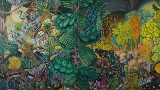Hartmut Neumann, Entdeckung der Tiere (zweiteilig, Öl auf Leinwand, 2002/13
258 x 384 cm, auf beiden Teilen rückseitig signiert 'HNeumann', linke Seite datiert '2002' und rechte Seite mit '2002/2013'
