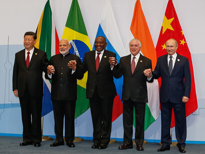Xi Jinping, Narendra Modi, Cyril Ramphosa, Michel Temer y Vladimir Putin. Reunión Cumbre del BRICS en Johannesburgo, Sudáfrica, del 26 de julio de 2018