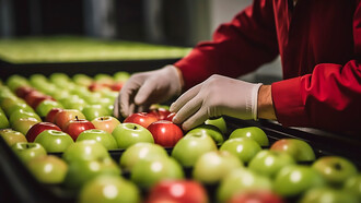 Close-up of hands arranging apples with edible coatings, showcasing food preservation and waste reduction efforts