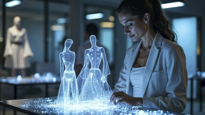 A fashion designer shaping holographic garment concepts, representing AI as a creative assistant rather than a replacement for human expertise