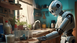 A humanoid futuristic robot cooking in the kitchen, performing everyday human tasks