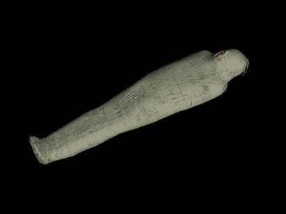CT scan 3D visualisation of the mummified remains of Tayesmutengebtiu, also called Tamut, showing the wrappings. © Trustees of the British Museum