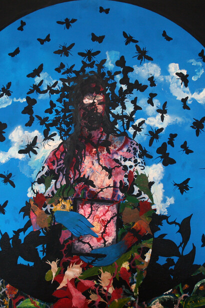 Priyantha Udagedara, The Lost Heart (2013) Acrylic, Charcoal and Collage on Board. 75 cm (Diameter)