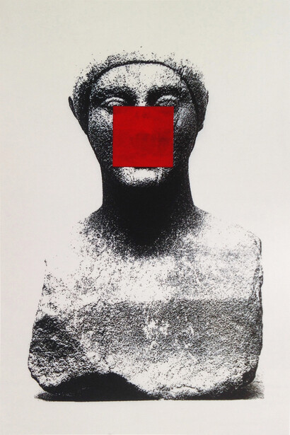 Cris Gianakos, Unfinished Male Head with Square, Alpha Series I, 1991, mixed media on transparent paper, 220 X 145 cm