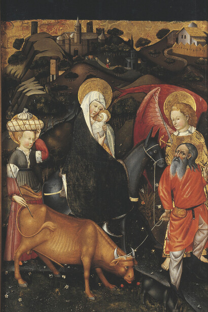 Jaume Ferrer II (actif entre 1430 et 1461), La fuite en Egypte. panneau du retable de l'église Sainte-Marie de Verdu, Catalogne, entre 1430 et 1461, Détrempe sur bois, H. 159 cm ; L. 92, 5 cm, Vic, Museu Espiscopal MEV 1779 © Museu Episcopal de Vic / Photo Gabriel Salvans