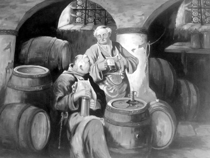 Quadro su legno presso la Birreria. I monaci depositari delle antiche ricette di birra